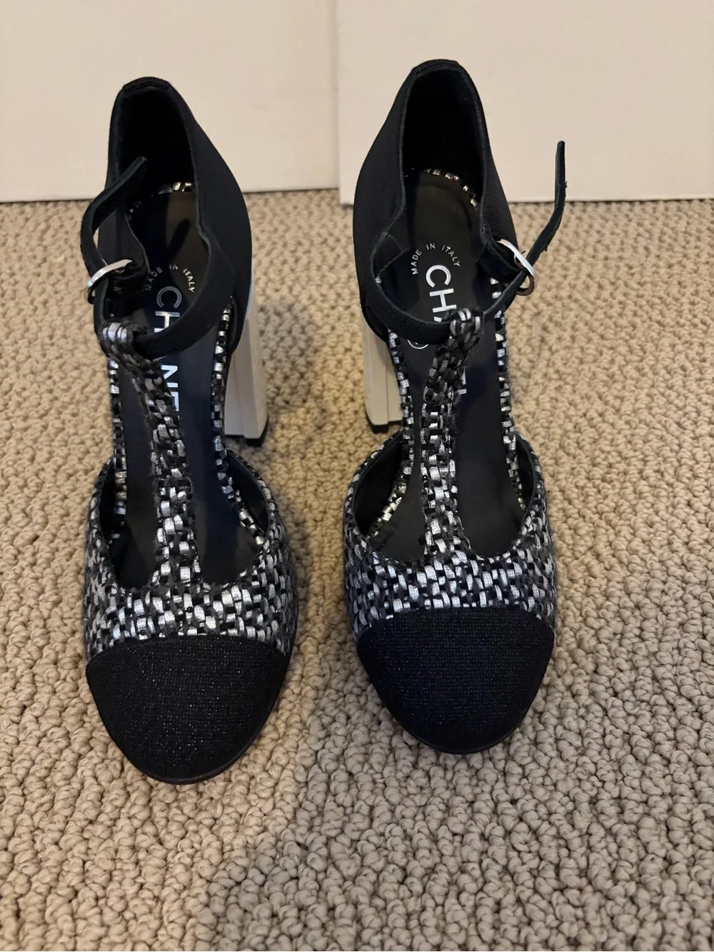 CHANEL Black and Silver Tweed T-Strap Block Heel Pumps